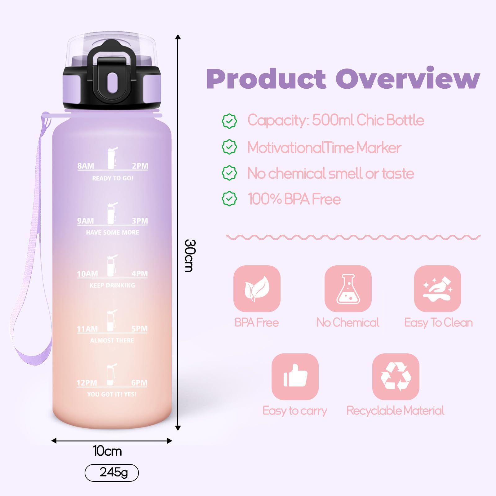 Mulbijeo Borraccia 1,5 Litri, A Prova di Perdita & Riutilizzabile, Borraccia con Cannuccia, Borracce, Apertura One-touch, Borracce Motivazionale per Palestra, Campeggio, Ciclismo, Yoga