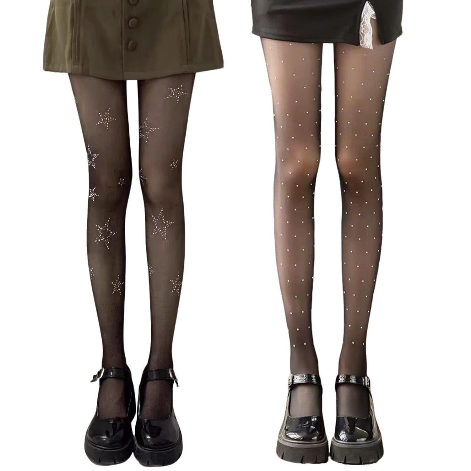 Ejufns Unisex Kids Black 2 Pieces Of Star-Studded Stockings, Sexy Stockings, Girls' Stretch Pantyhose, Invisible And Natural, And Matching Skirts.