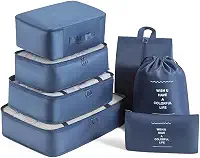 Kit Organizador de Malas de Viagem, 7 Peças, Conjunto com Bolsas e Necessaires, Sapatos Maquiagem Roupas Bagagem Organizada (Azul)