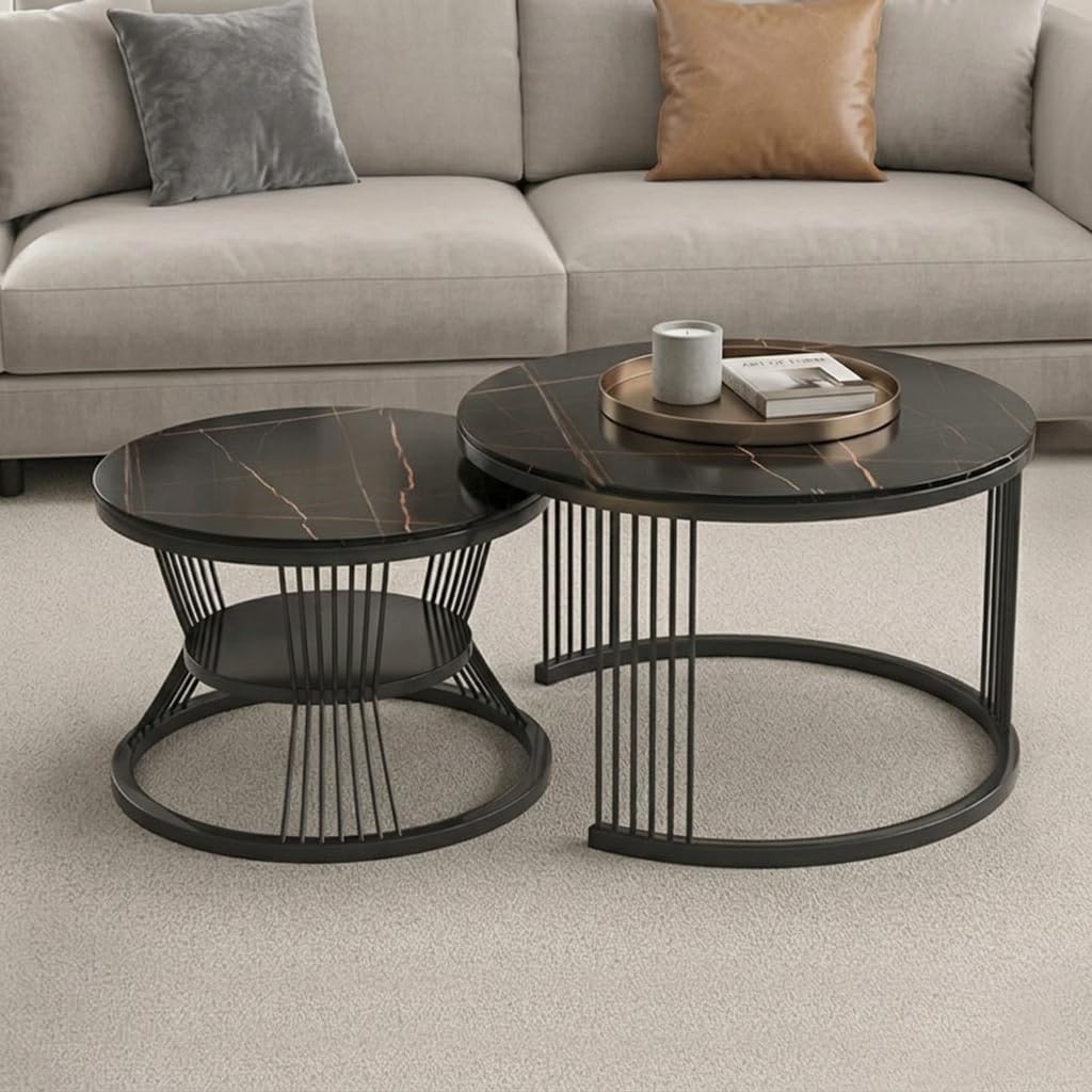 Bright Wood Craft Coffee Table, 20" Round Coffee Table Set of 2, Wooden Nesting Table with Metal Frame, Center Tables for Living Room Bedroom Balcony Bedside Table Full Black