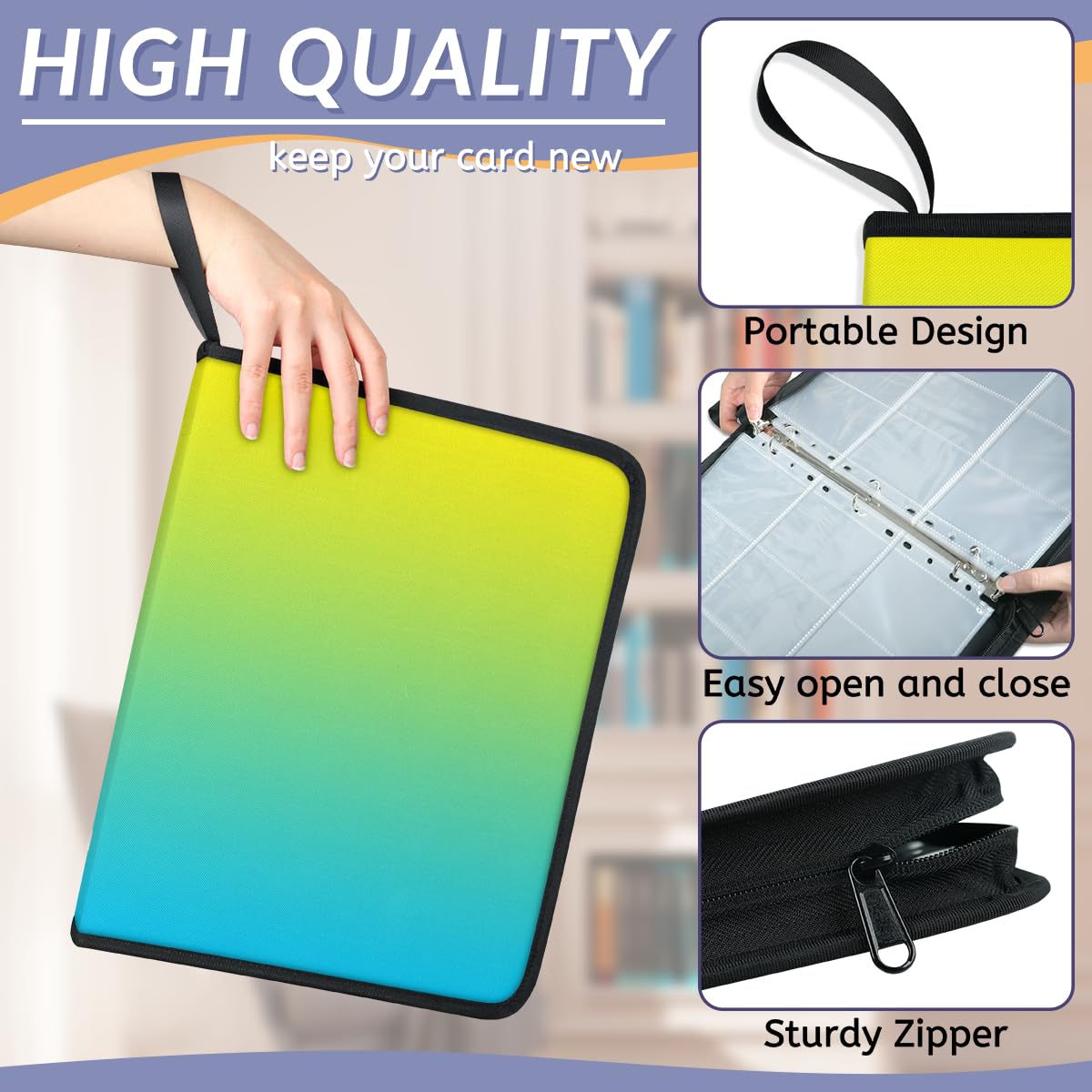 Raccoglitore per carte con 9 tasche, 900 tasche, con chiusura a cerniera (giallo blu sfumato)