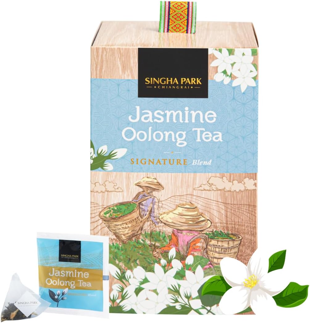 SINGHA PARK Jasmine Oolong Tea – Sustainably Grown in Thailand – 20 Full Leaf Pyramid Sachet, Mellow and Fragrant notes