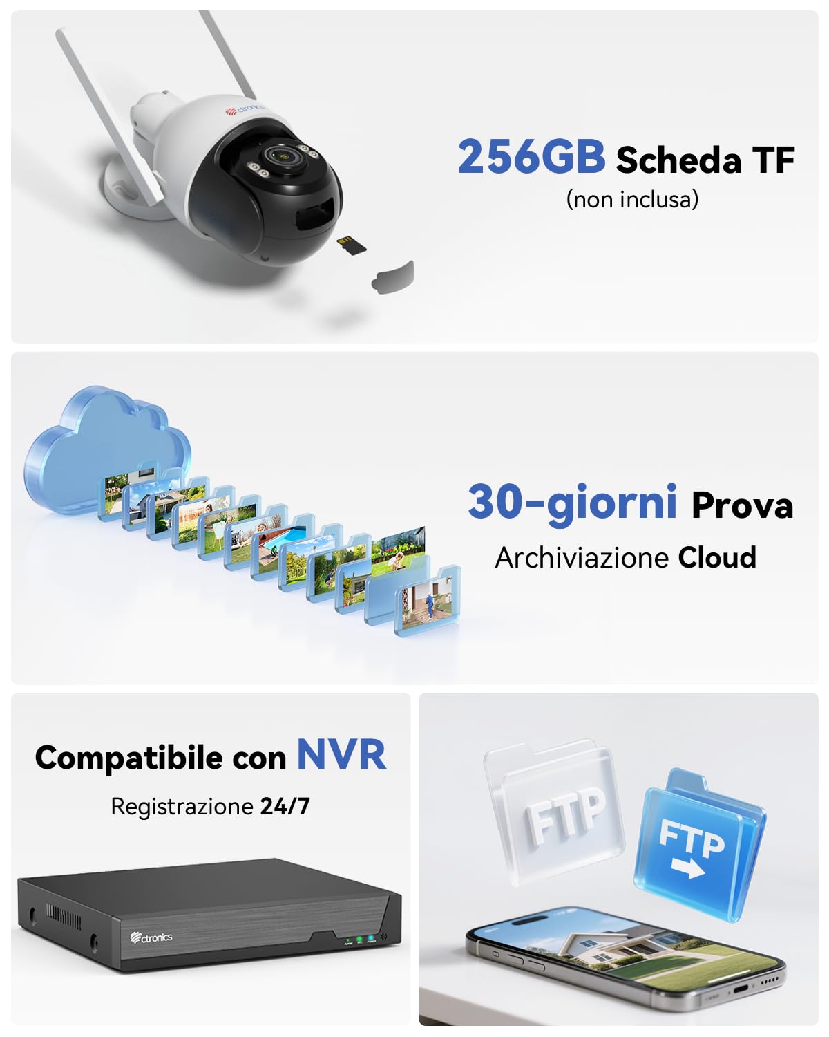 Ctronics 4K Telecamera Wi-Fi Esterno Metallo, PTZ IP Videocamera | Rilevamento Persone/Veicoli/Animali Auto Tracking, 2,4/5GHz WiFi, NVR/FTP, Visione Notturna a Colori 8MP, 256GB card IP66
