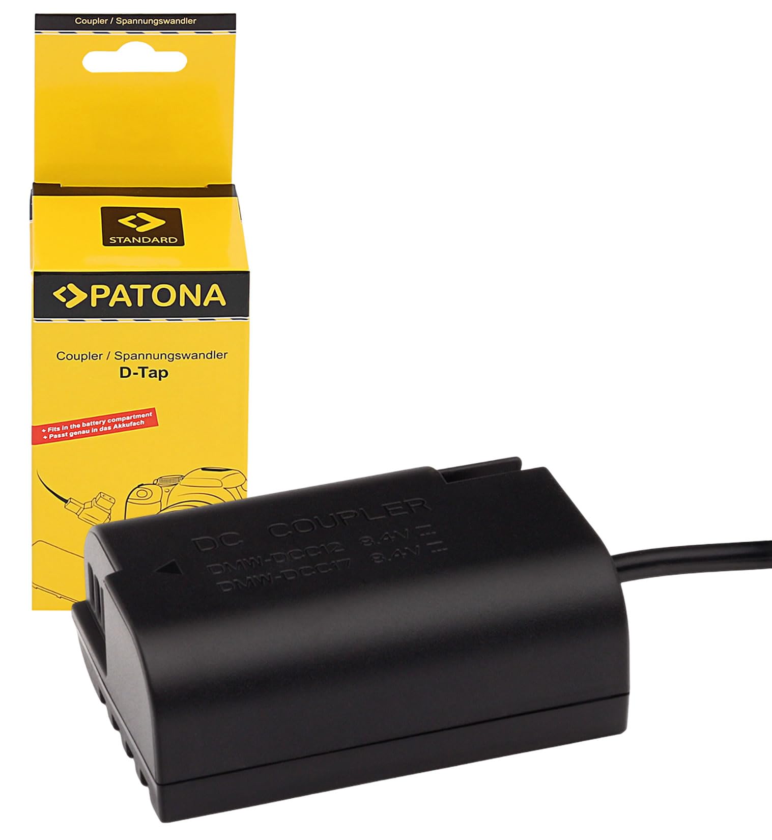 PATONA D-TAP Akku-Dummy-Adapter – Ersatz für Panasonic DMW-DCC12 / DMW-DCC17 Koppler – versorgt Lumix DC-S9 S5 S5II S5IIX, G9, GH5 GH5II GH5S, GH6 (DMW-BLK22) über V-Mount/Gold-Mount – 40cm Federkabel