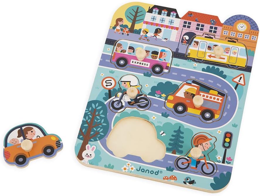 Janod - Babies’ Wooden Puzzle - 6 Pieces with Pegs - City Theme - Recessed Puzzle - Early-Learning Toy - 18 Months + J07106