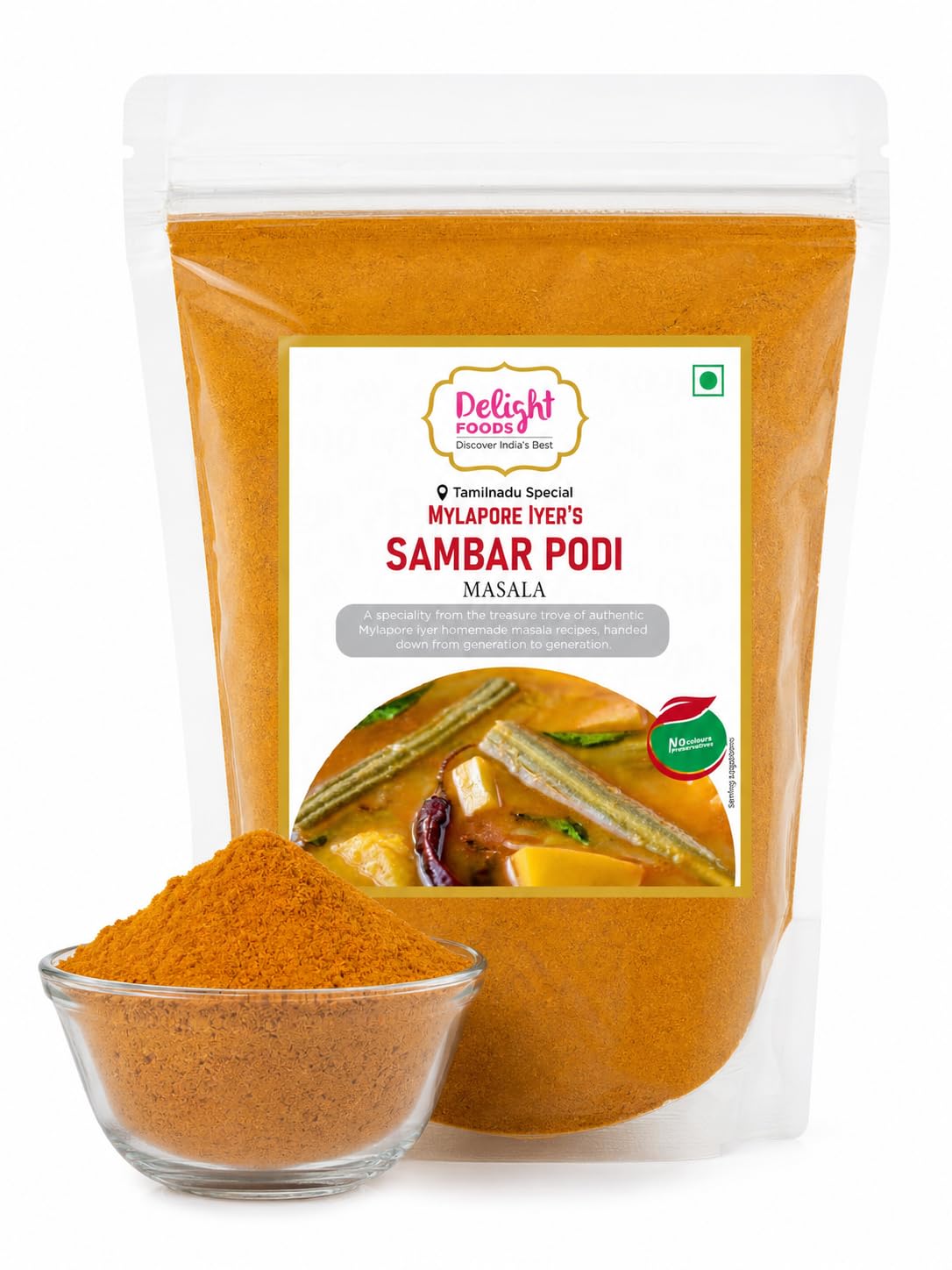 Delight Foods Mylapore Iyer's Sambar Podi 350g - Ready Masalas and Podi | Mixed Spices | Tamil Nadu Special | NO PRESERVATIVES