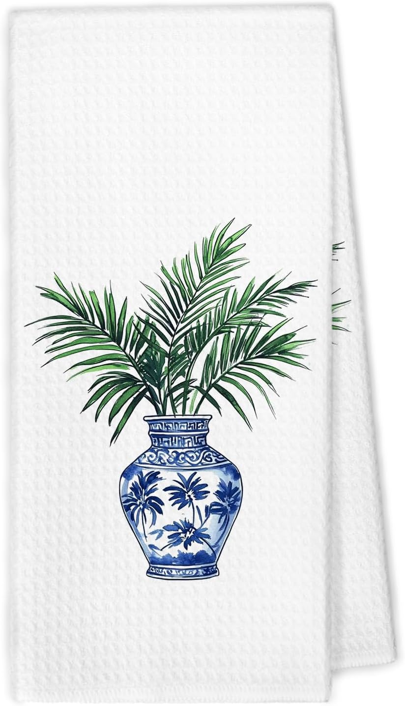 Chinoiserie Kitchen Towels, Palm Leaves Botanical Decor Dish Hand Tea Towels, Blue and White Porcelain Leaves Decorative Towel for Bathroom Kitchen, 16x24 Inch