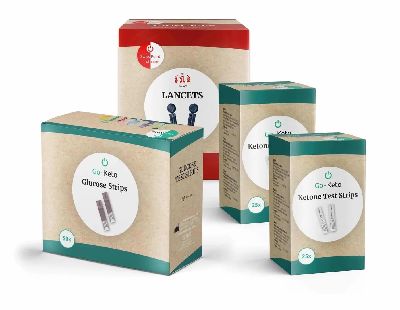 Go-Keto Ketone + Glucose Teststreifen im günstigen Set, 50x Ketone Streifen, 50x Glukosestreifen, 100x Lanzetten passend für das Go-Keto Ketone+Glucose Messgerät