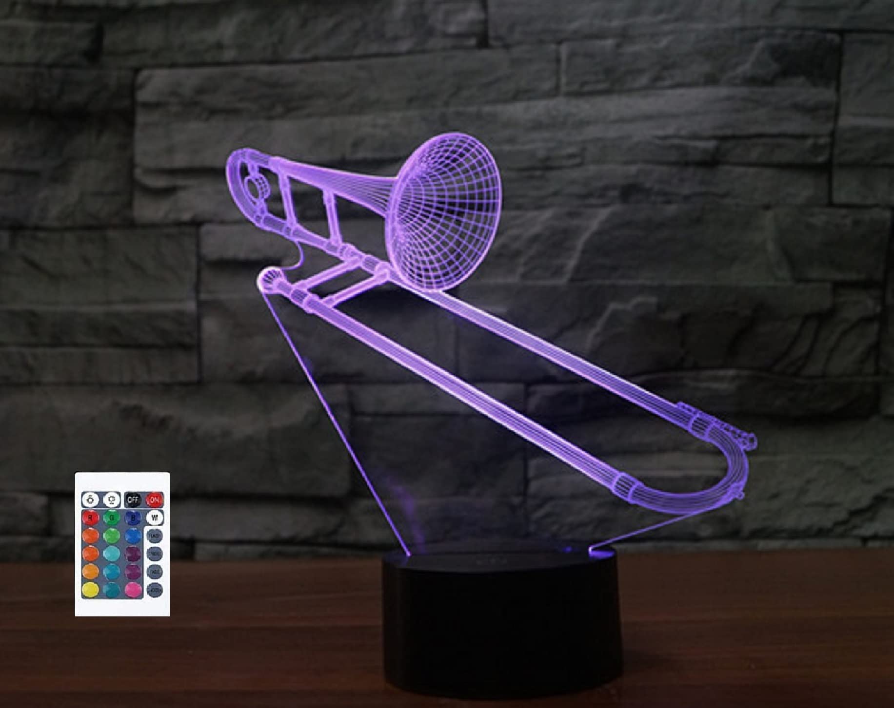 Instrument de musique 3D télécommande trombone 16 couleurs veilleuse illusion acrylique LED lampe de chevet pour chambre d'enfant décoration de bureau cadeau d'anniversaire jouet