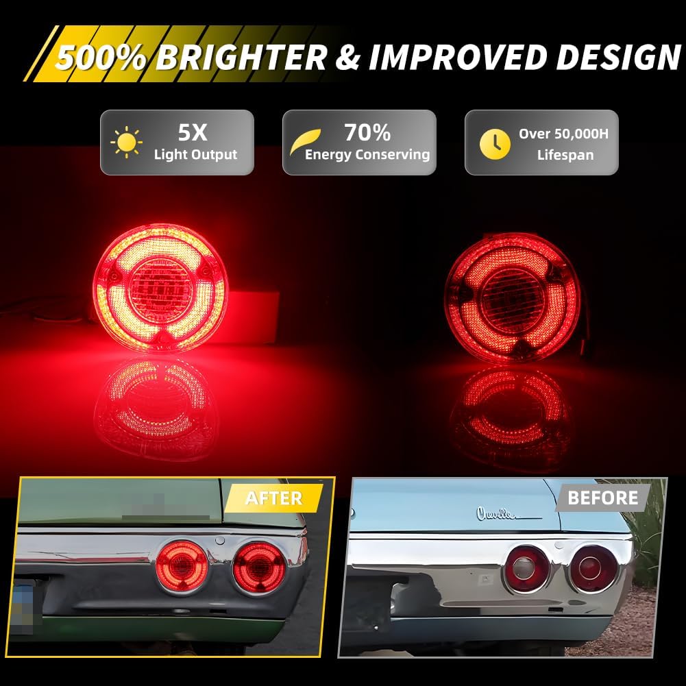 Red Lens LED Tail Light Compatible with Chevelle Malibu SS 1972, [3 in 1 Design] Reverse Backup Light, Brake Light & DRL, Replace OEM #CH-TL-72, CH-BL-72, 4 PCS