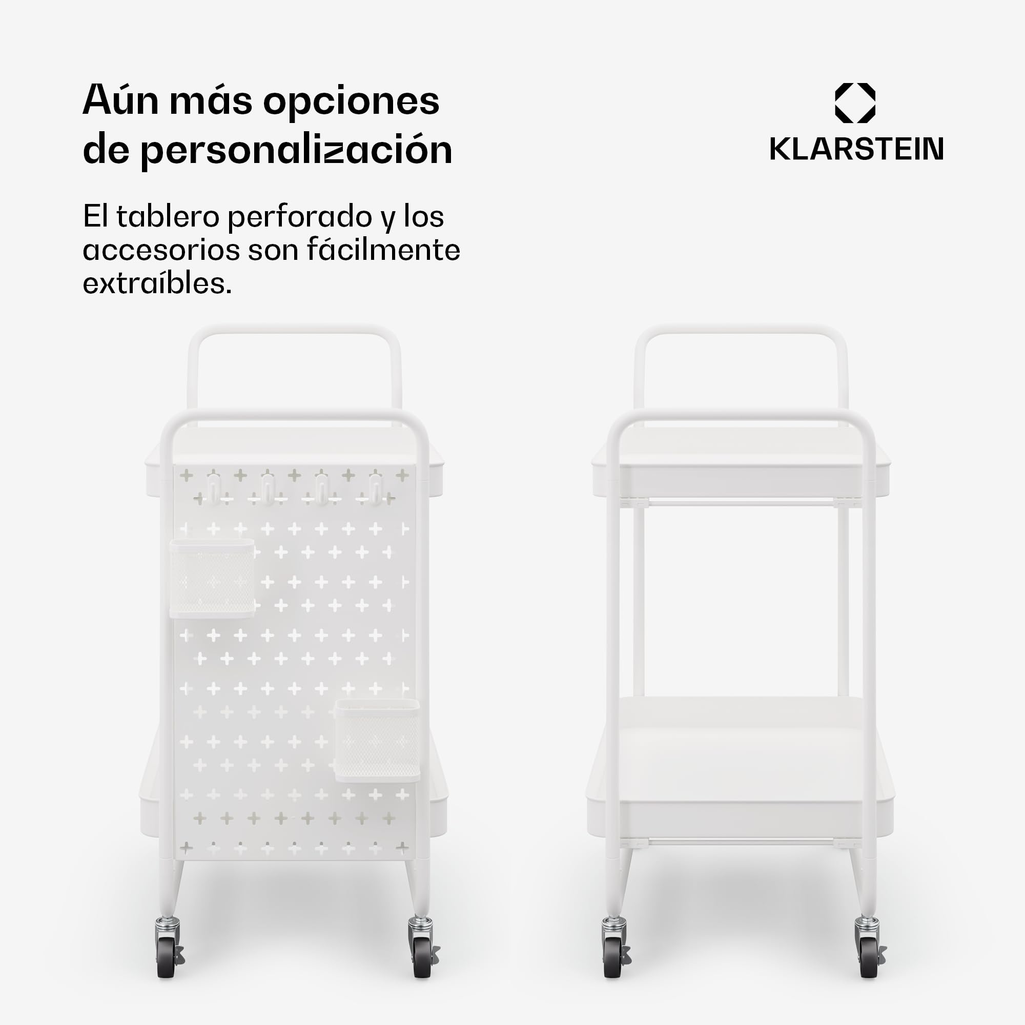 KLARSTEIN Carrito Auxiliar con Ruedas, 2 estantes de Metal, Capacidad 15kg, cestas & Ganchos, Carro Cocina móvil para baño & salón, Carrito Organizador Blanco