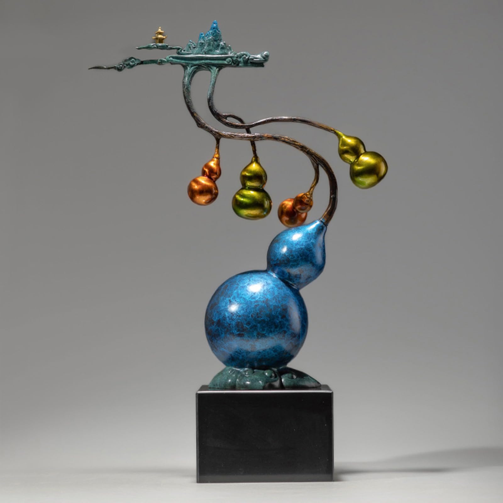 Ozdoba z kolorowej miedzianej tykwy Nowa rzeźba z mosiądzu w stylu chińskim | Statua bogactwa Feng Shui do salonu, przedpokoju, konsoli i domowego biura (43 x 17 x 61 cm)