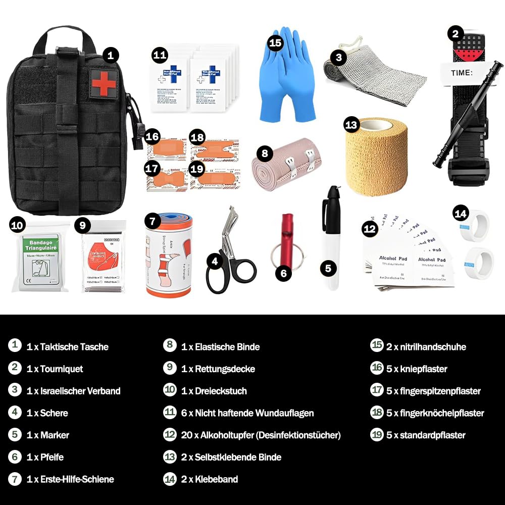 Kit Pronto Soccorso Militare Completo, 61 Pezzi First Aid Kit per Esterni, Trauma First Aid Kit per Auto, Casa, Viaggi, Campeggio All'Aperto, Escursionismo (Nero)