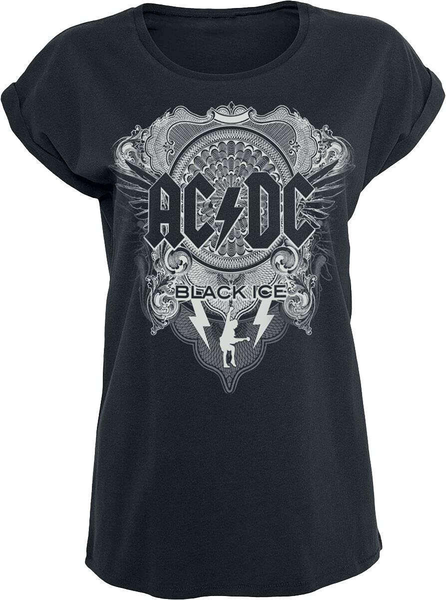 AC/DC Black Ice Femme T-Shirt Manches Courtes Noir 100% Coton Large - Les Beatles, Paul McCartney, John Lennon, RIngo Starr, George Harrison AC/DC Black Ice Femme T-Shirt Manches Courtes Noir 100% Coton Large