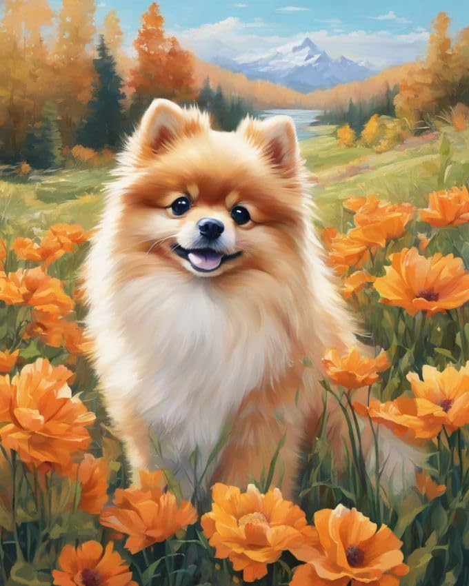 ZMHZMY Paint by Numbers Kit for Adults,Pomeranian Among Flowers,Modern Abstract Digital Oil Painting,Unique Colors and Textures,40x50cm,Without Frame