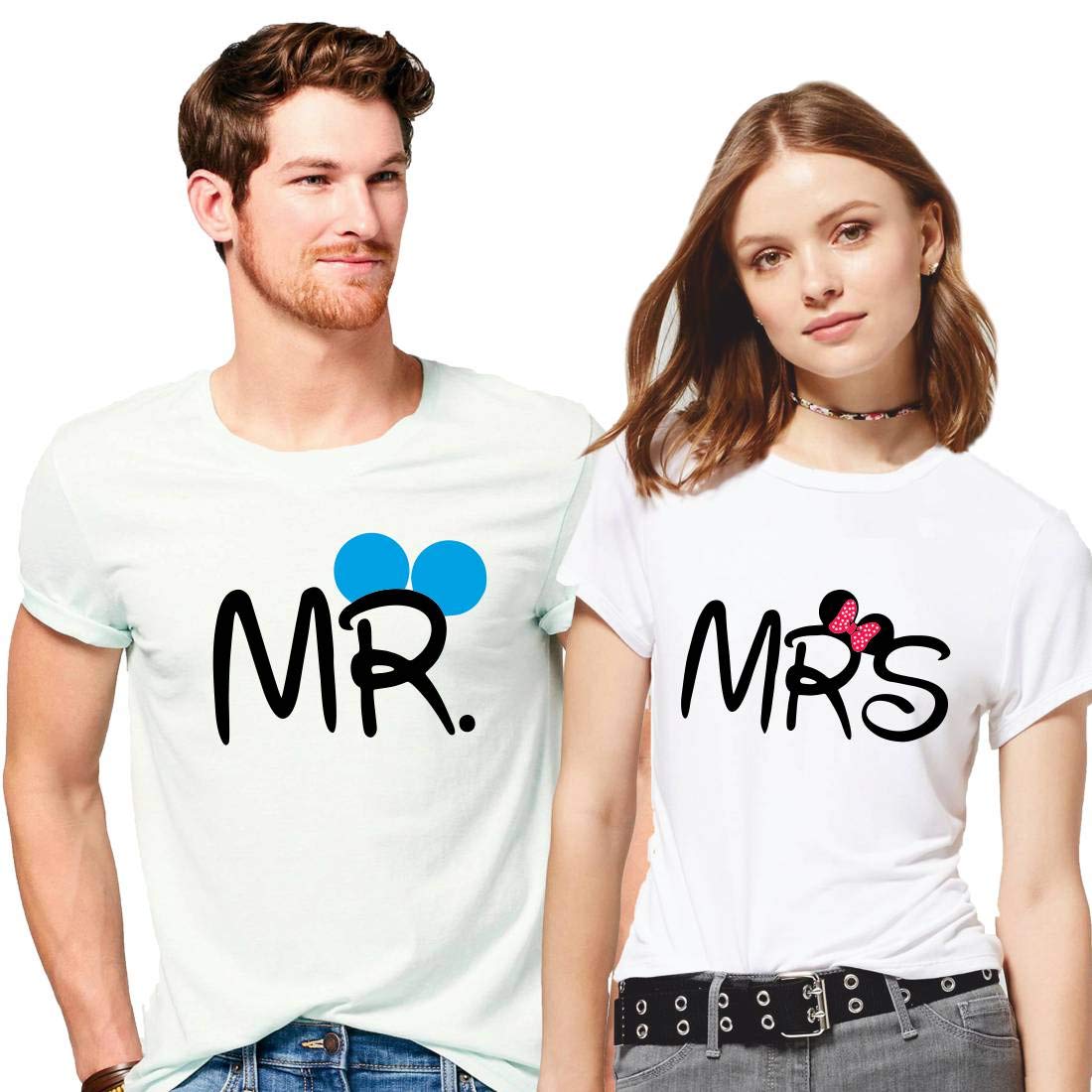 Hangout HubHH8 Couple Men's & Women's Cotton Printed Regular Fit T-Shirts (Pack of 2) - Mr Mrs White Color