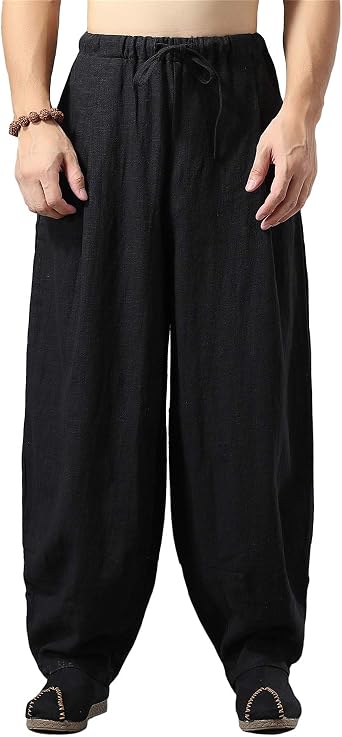HAORUN Men Loose Casual Pants Linen Cotton Wide Leg Chinese Style Trousers