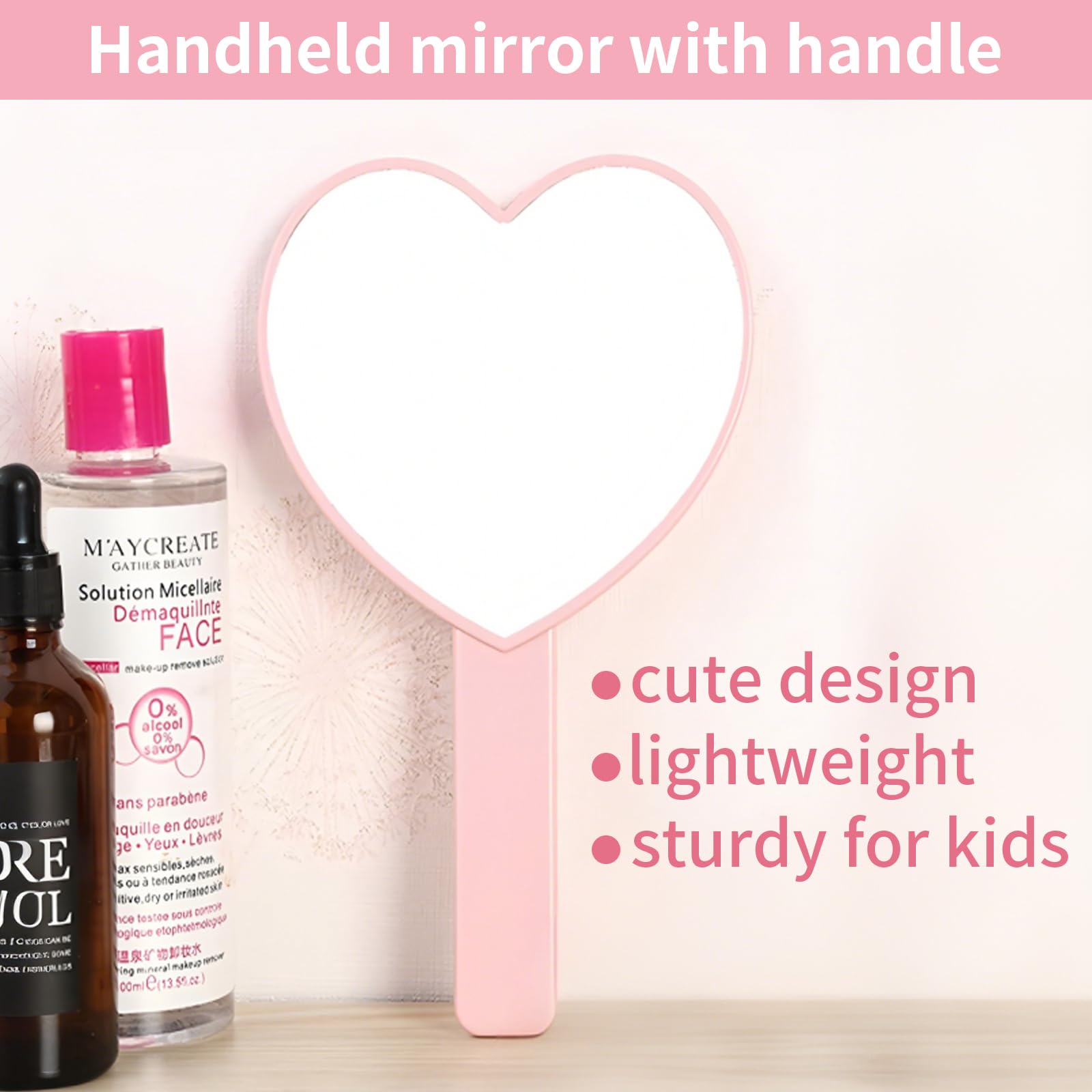 Espejo de mano de viaje en forma de corazón, espejo de mano cosmético con asa, bonito espejo de mano para afeitarse de un solo lado, espejo portátil de viaje para hombres y mujeres (rosa, 1 9