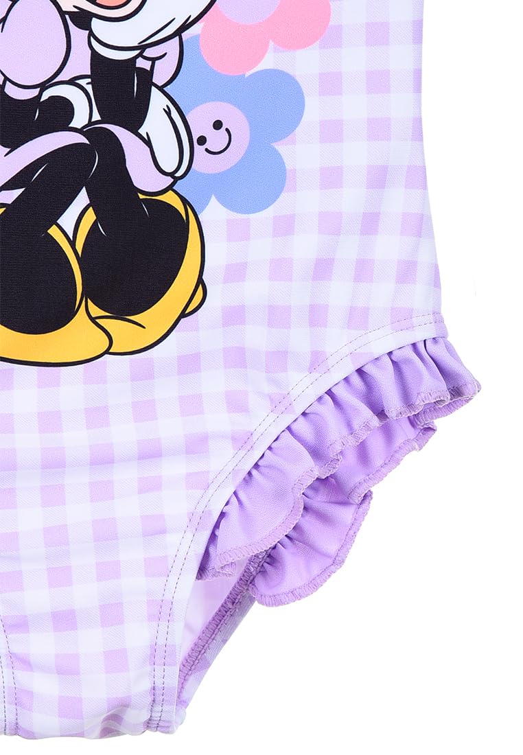 Disney Minnie Mouse kostium kąpielowy dla dziewcząt, jednoczęściowy kostium kąpielowy z falbankami, ramiączka, w kratkę, czerwony lub fioletowy
