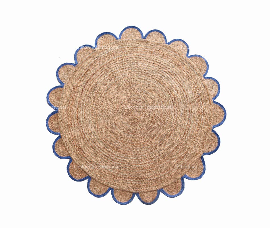 4x4, 5x5, 6x6,feet Natural Jute Scallop Round Rug, Floor Scalloped Edge Rug Braided Boho Eco Large Circular Handmade Area Rugs
