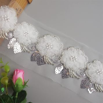 1 Yard 3D Wedding Pearl Sequins Flowers Lace Edge Trim 6.5cm Wide Ribbon Beaded Embroidered Mesh Lace Fabric Trimmings Applique Sewing Craft Party Clothes Bridal Dress Decoration White