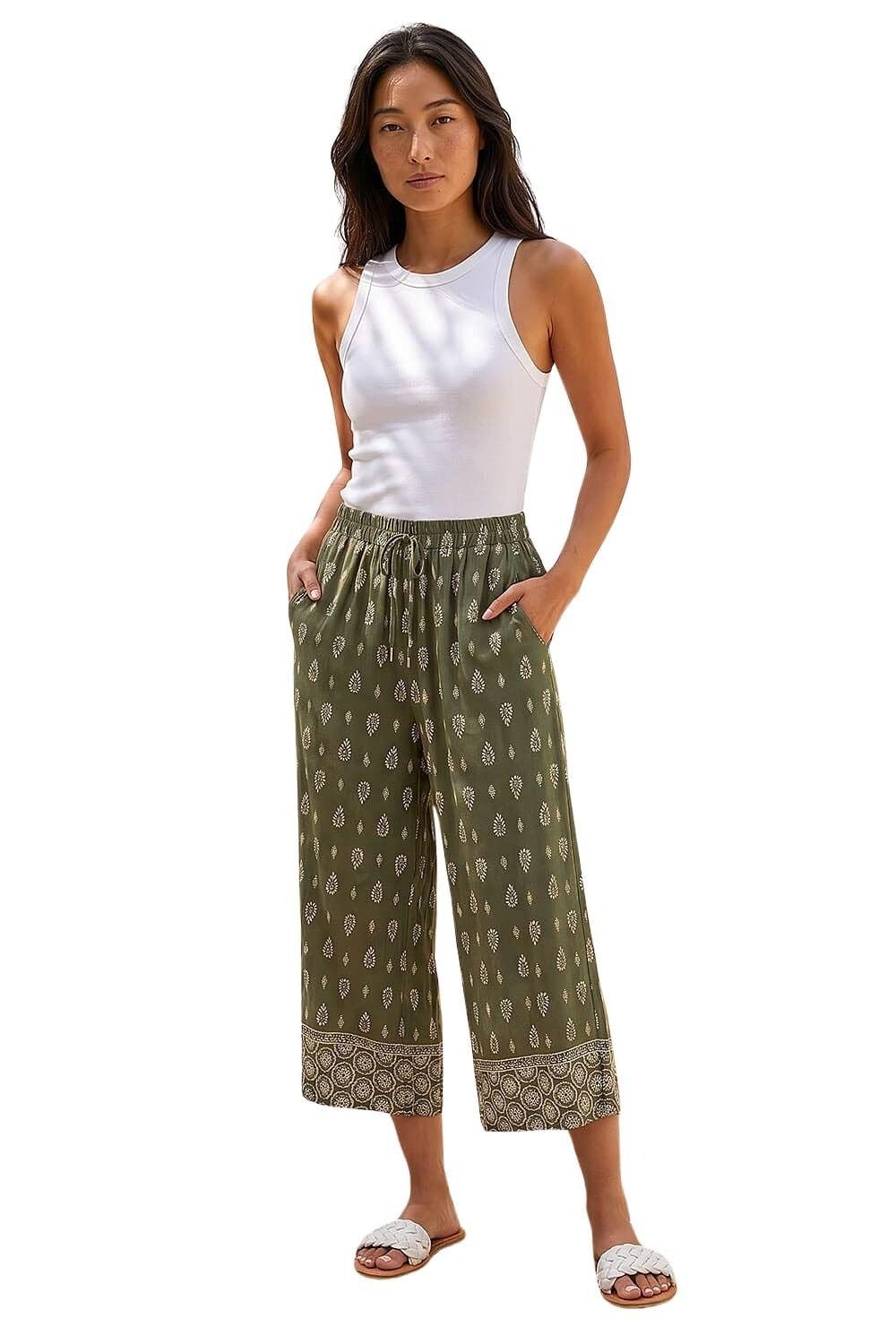 Roman Women's Khaki Petite Aztec Border Cropped Trouser In | : Size 18