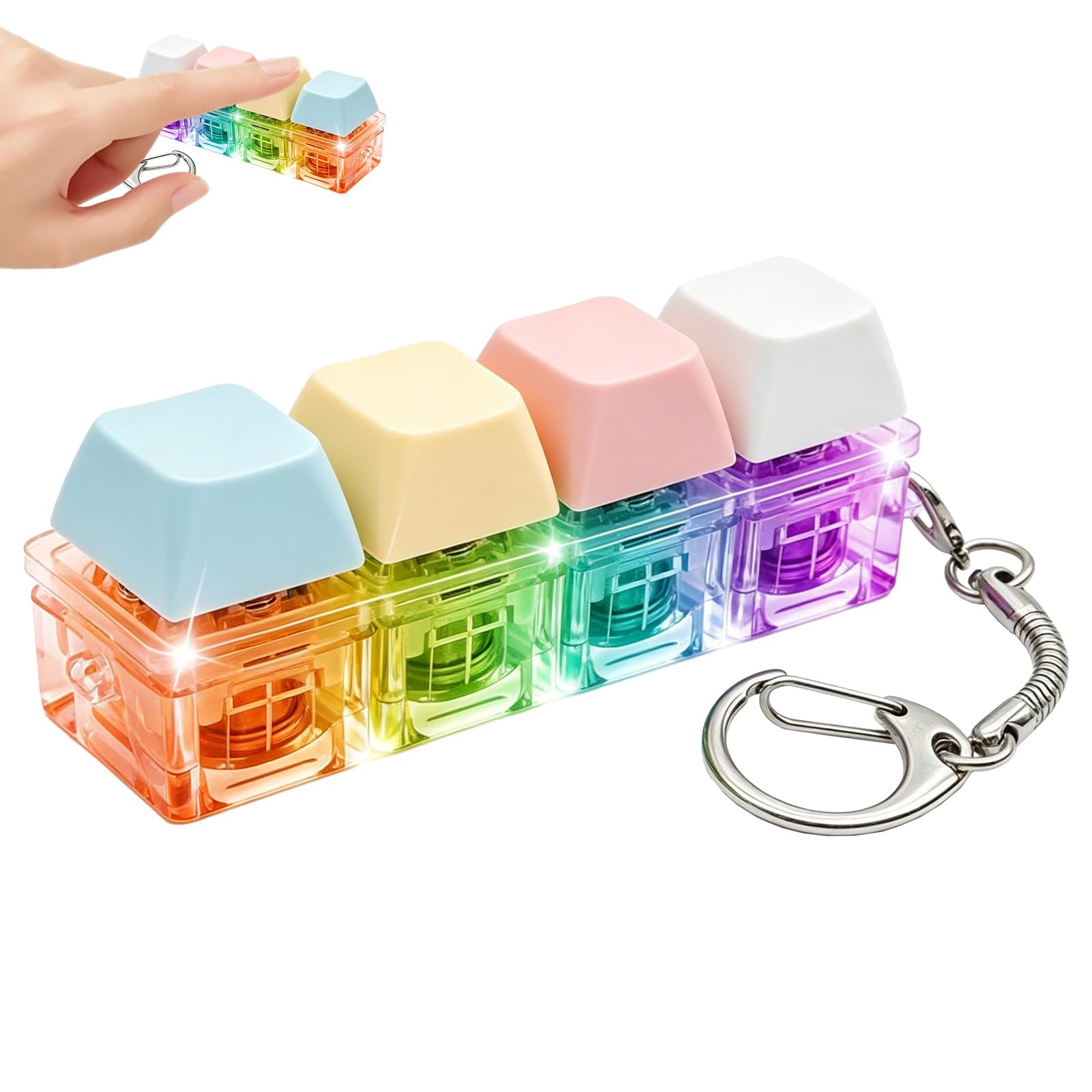 4 Button Keyboard Fidget Toy, Keyring with LED Light, Mini Clicky Keyboard Keychain Decompression Toy, Portable Finger Press Fidget for Stress Relief, Desk Play and Everyday Carry