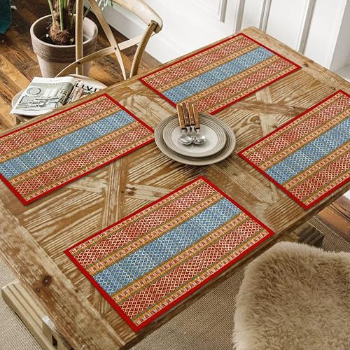 Image of Table Mats Set of 4 Handmade Reversible Heat Resistant | River Grass Dining Placemats Zero Plastic | Natural Madurkathi Eco Friendly | Rustic Boho Dcor | Cherry Red Four Mats
