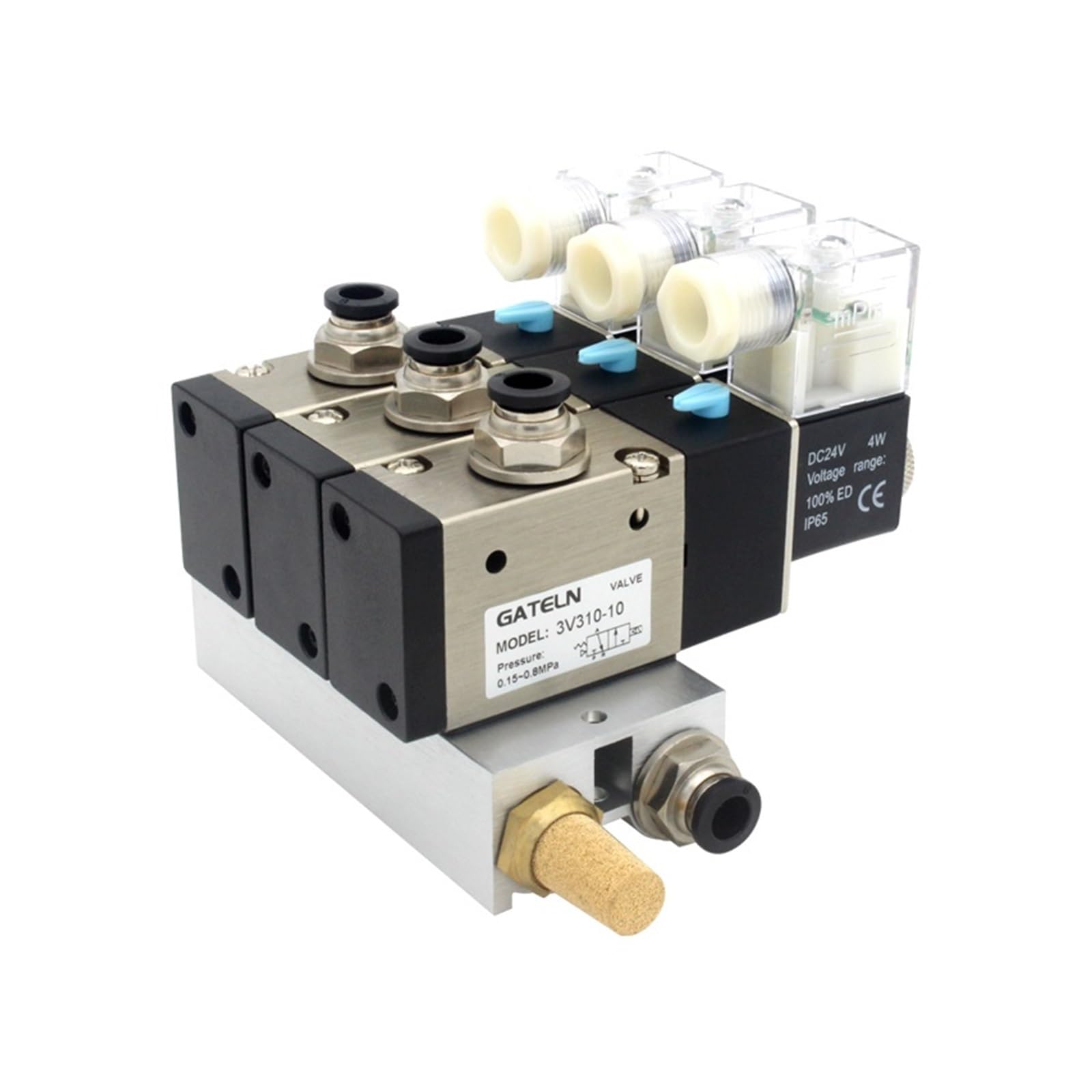 3V310-10-NO Bloque de estación de electroválvula Normalmente Abierta con Base de Accesorios silenciadores colector CC 12 V CC 24 V CA 110 V CA 220 V 2 Puertos(DC24V 12mm Fittings)