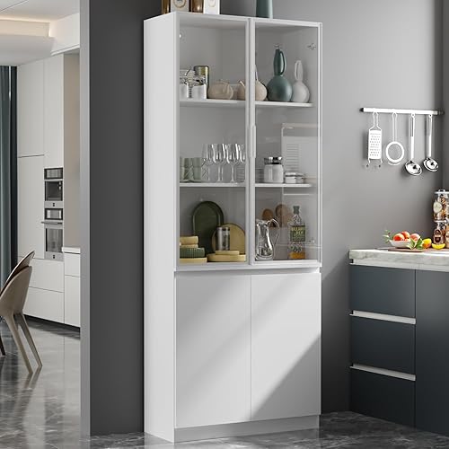 AIEGLE Armario de despensa de cocina de 31.5 pulgadas, armario alto de almacenamiento de cocina con puertas de vidrio y estante de 5 niveles, juego