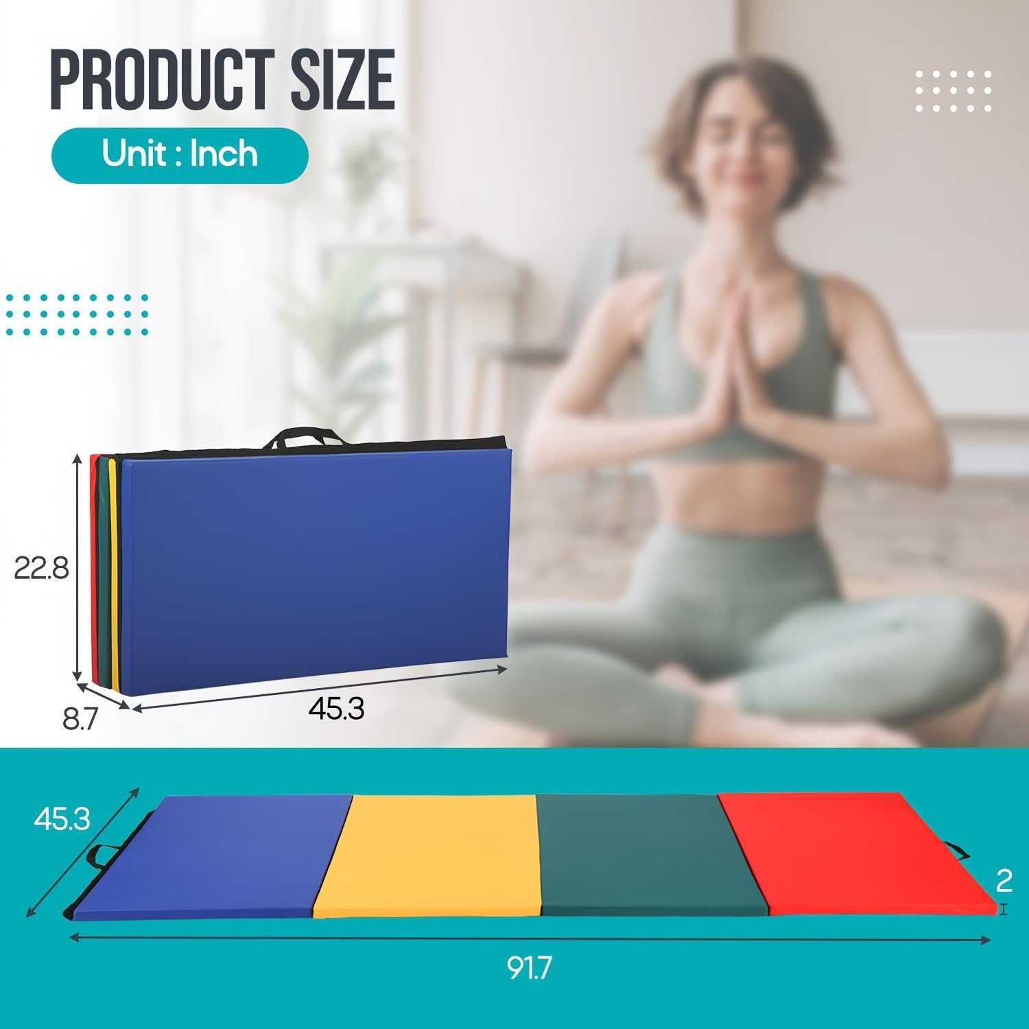 Folding Gymnastics Mat 4-Panel Yoga Mats 4'x8'x2'' Exercise Mat Gym Mat for Home Aerobics Workout Foldable Tumbling Mat for Stretching Yoga Cheerleading Martial Arts Play, Multicolor