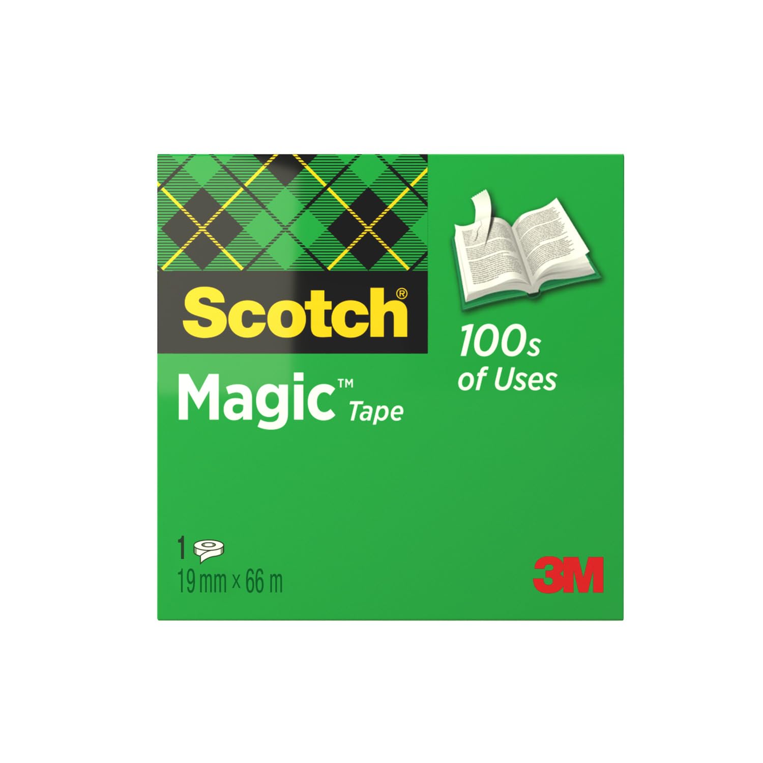 Scotch Cinta Mágica - 1 Rollo de 19 mm x 66 m + Dispensador Portátil - Cinta Adhesiva de Uso General para Reparación, Etiquetado y Sellado de Paquetes y Documentos