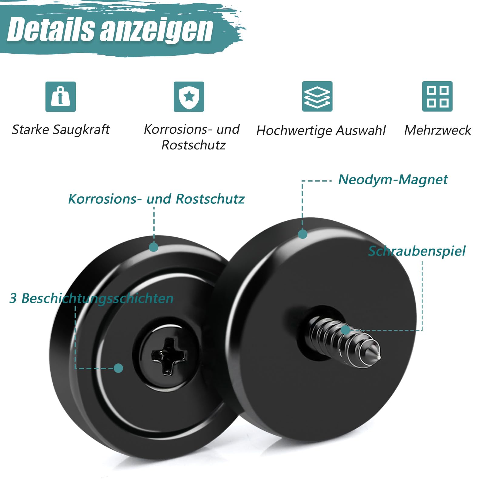 Magneti forti al neodimio 20x7 mm 10 kg nero con foro e capsula