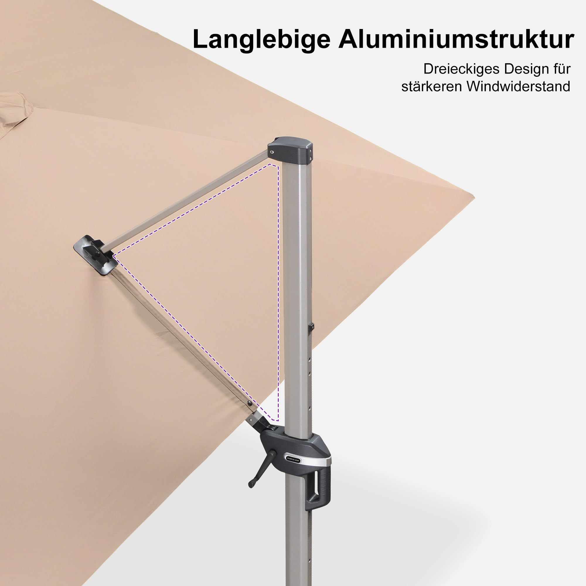 PURPLE LEAF Sonnenschirm 270 × 350 cm Champagnerframe Antirutschgriff Taupe | Ampelschirm Rechteckig, 8 Rippen & Dreieckskonstruktion, Stabil, Robust, 360° Flexibilität, Mehrfach Verstellbar, Komfortable