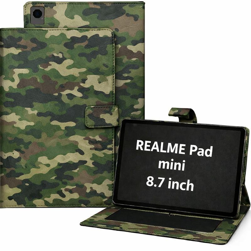 Image of Leather Folio Flip Stand Case Cover for Realme Pad Mini 8.7 Inch Tablet, Solid Pattern, 200 Grams (Army)