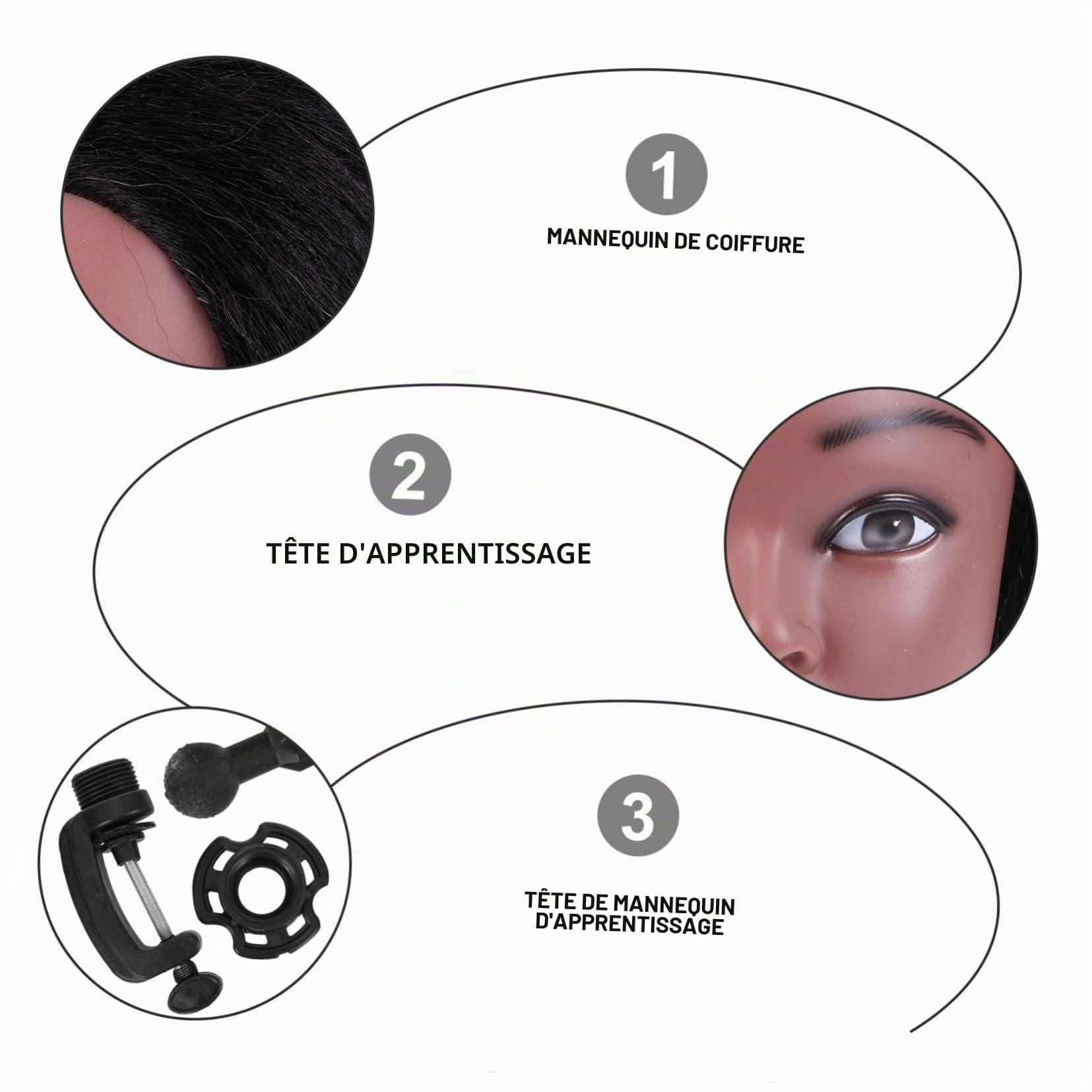 Tête de Mannequin D’entraînement Coiffure, Cheveux Humains Noirs