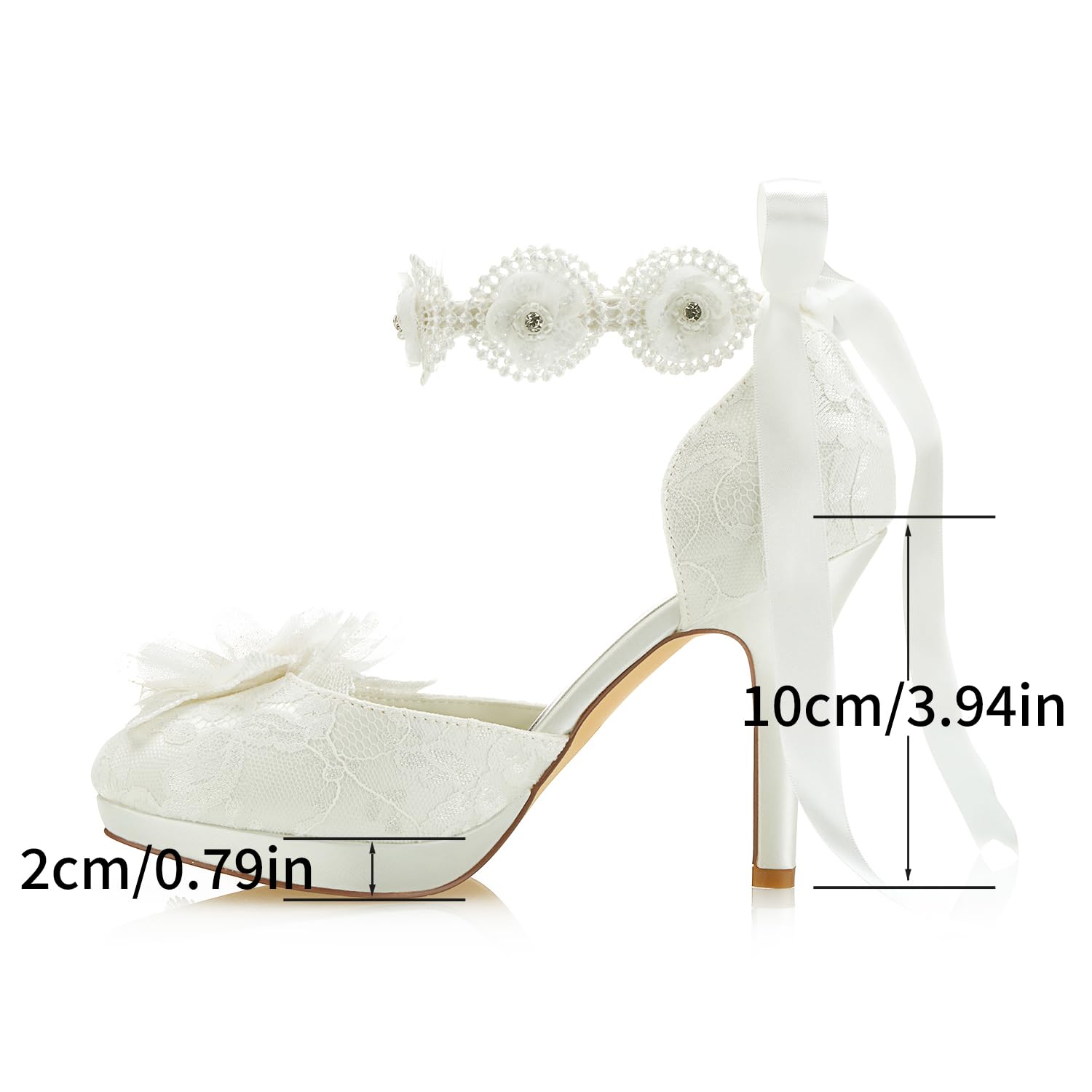 JIAJIA 3703L Scarpe da Sposa da Donna Punta Chiusa 10cm Tacco a Spillo Pizzo Satinato Piattaforma Pompe Raso Fiore Cravatta a Nastro Scarpe da Sposa