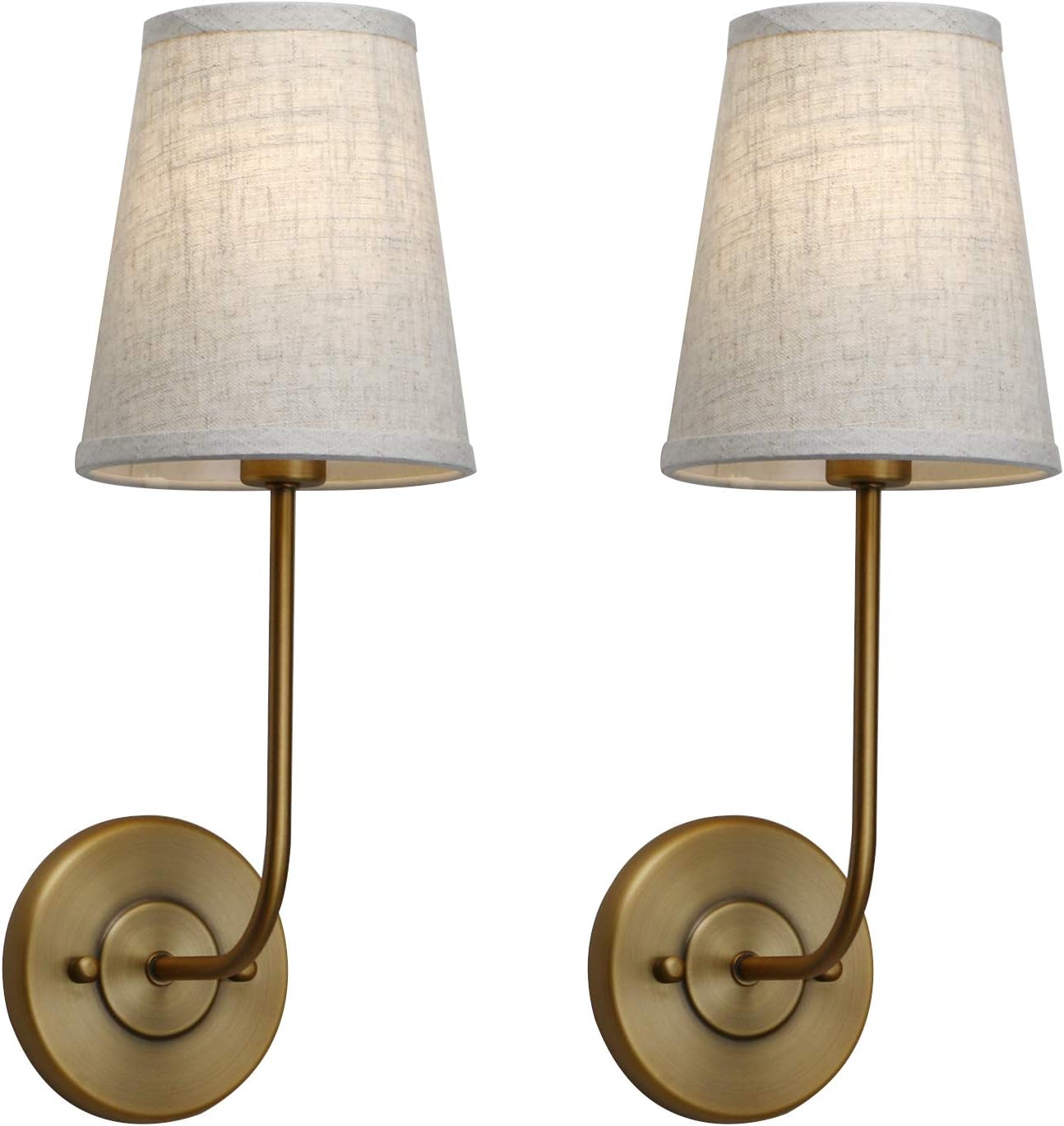 PERMO Set of 2 pcs Rustic Vintage Wall Sconce Light Fixture with Flared Funnel Linen Fabric Shade Nightstand Lamps for Bedrooms Bedside Reading (Antique Brass)