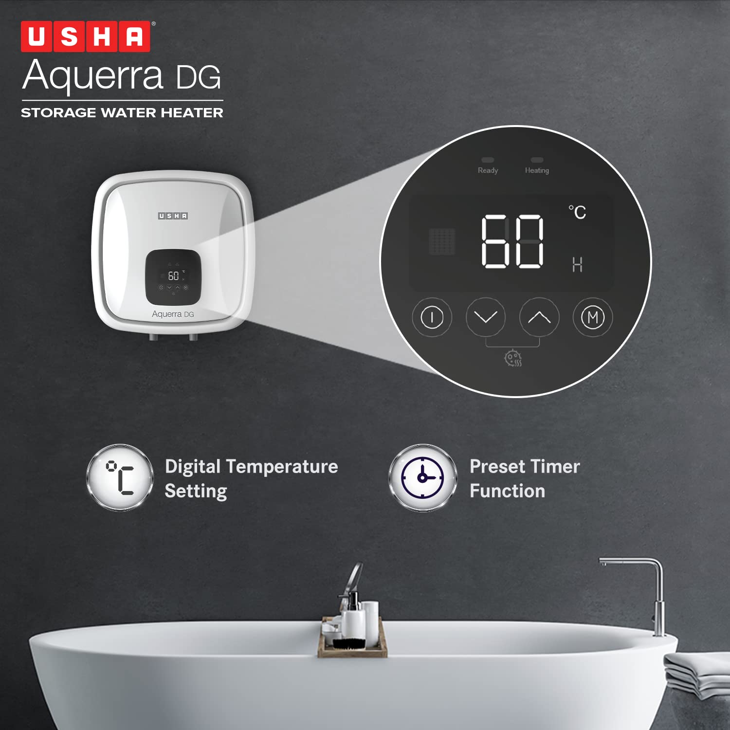 Usha Aquerra Dg 25 Litre 5 Star Digital Storage Water Heater With Remote  (White), Wall Mounting : Amazon.in: Home u0026 Kitchen
