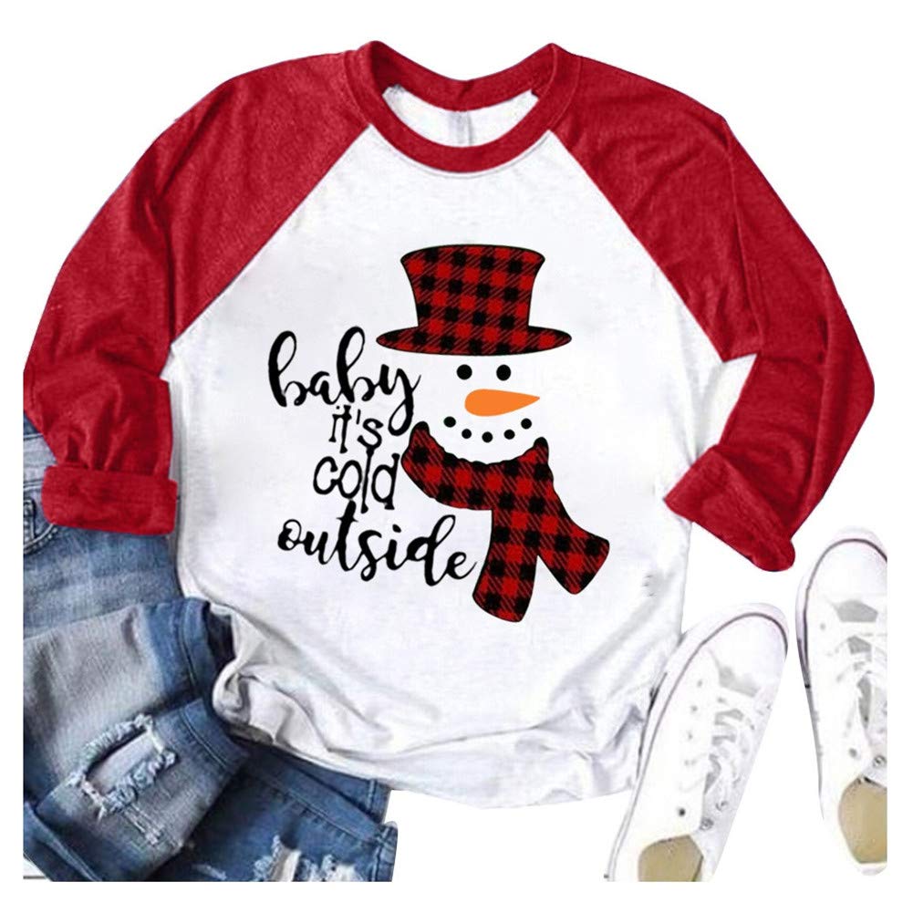 GibobbyT Shirts for Women Plus Size,Christmas Plaid Snowman Print Baseball T-Shirt Funny Long Sleeve Letter Graphic Tees Tops