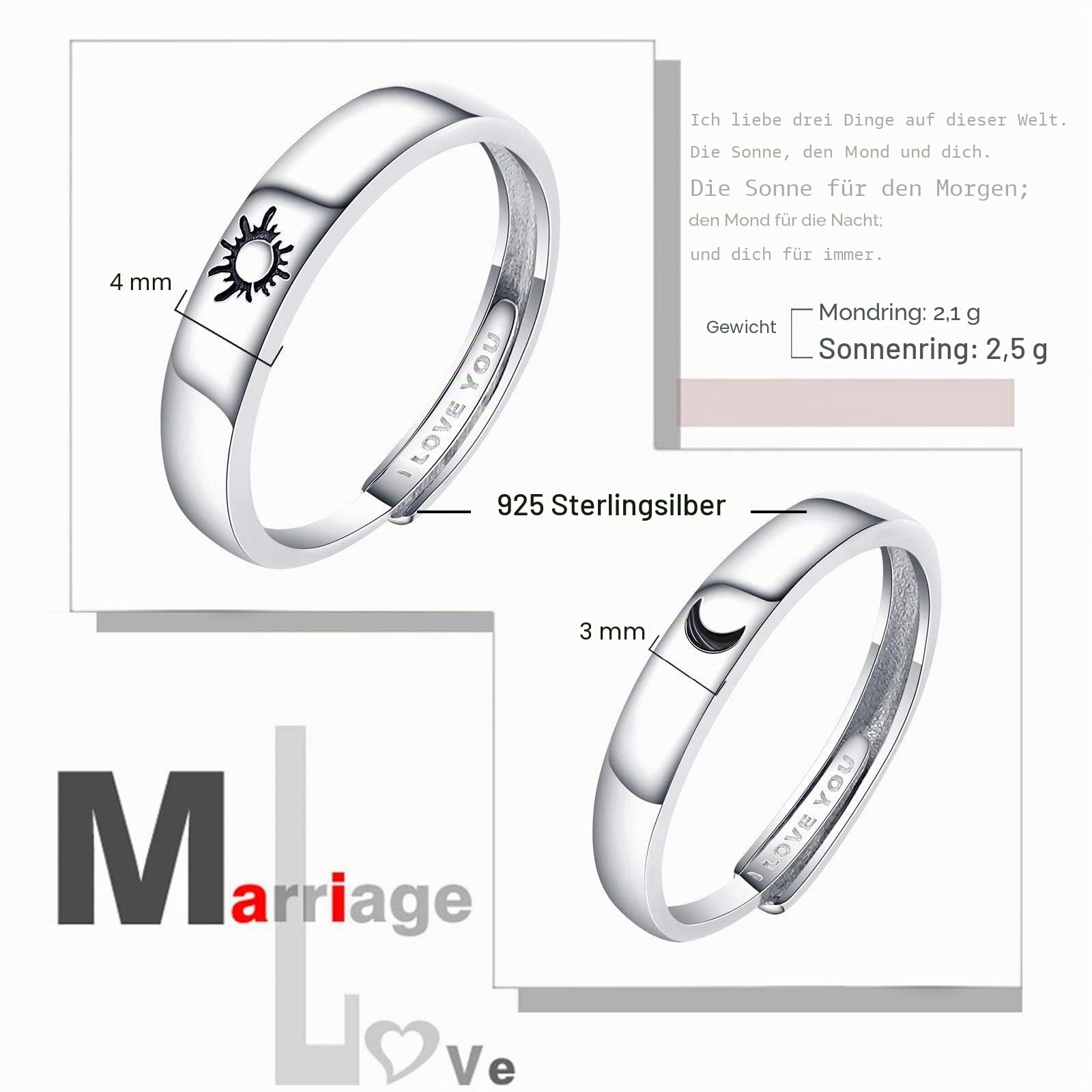 Beydodo Eheringe 925 Silber Paarpreis, Verlobungsring Paar mit Gravur I Love You Sonne Mond Trauringe Nickelfrei Partnerringe Verstellbar Ringe Set
