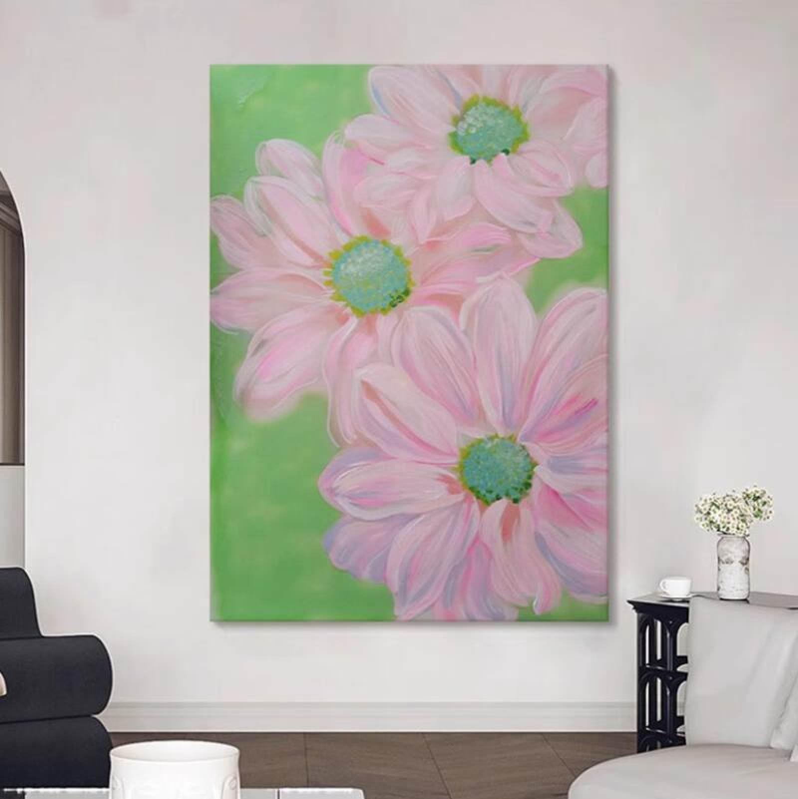 Peinture à l'huile sur toile faite main, une œuvre d'art haut de gamme aux fleurs roses épurées