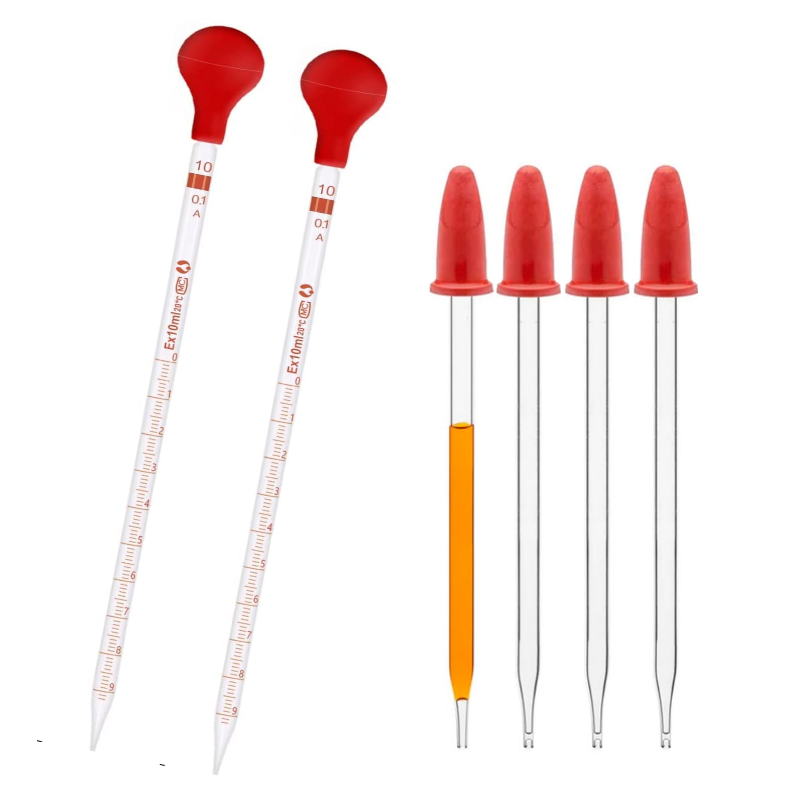 Labxport 10ml Glass Graduated Pipette Droppers with Red Rubber Bulbs (2Pcs) & 6'' Glass Pipette Dropper with Red Rubber sucker Cap (4Pcs) for perfume making Cosmetics School collage Laboratory lab use-picture-29
