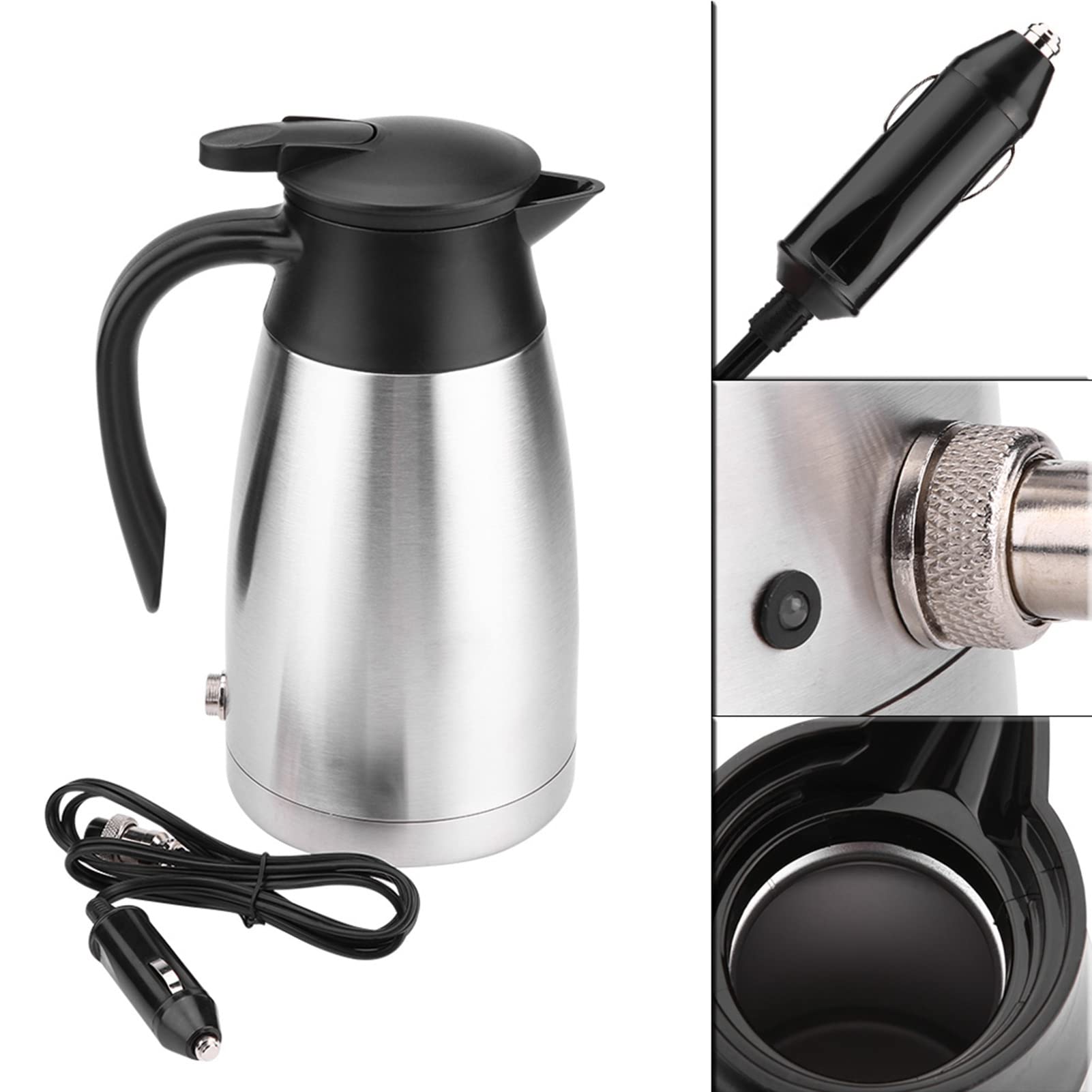 Bouilloire Électrique, 1000ML 12V/24V en Acier Inoxydable Bouilloire électrique Thermos Bouteille d'eau Chauffante pour Voiture Voyage