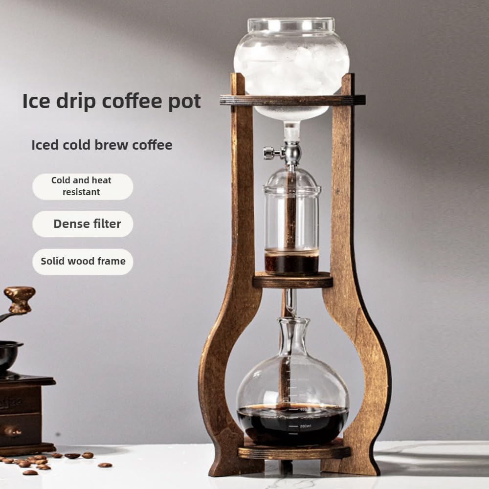 Ekspres do kawy Cold Brew z drewnianym stojakiem, szklany zestaw dzbanków do kawy, odporny na ciepło, gęsty filtr, 100 bibułek filtracyjnych, łyżka do serwowania