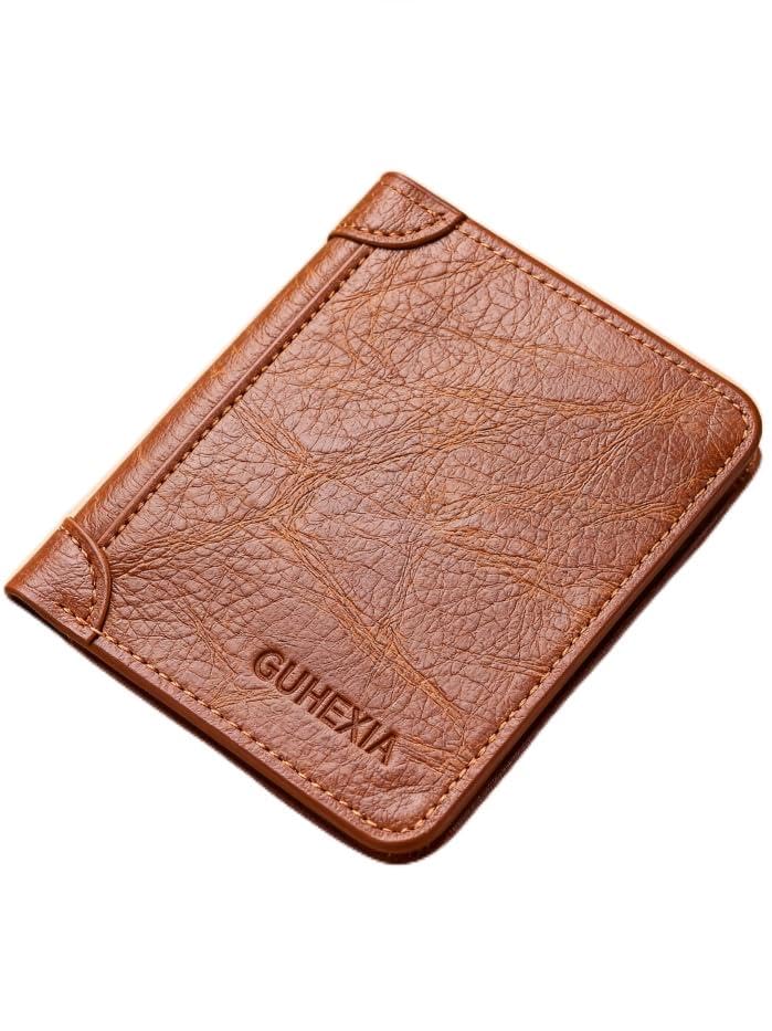 Carteira masculina fina de couro dobrável com compartimento para identidade e carteira de motorista para bolso frontal, transporte diário