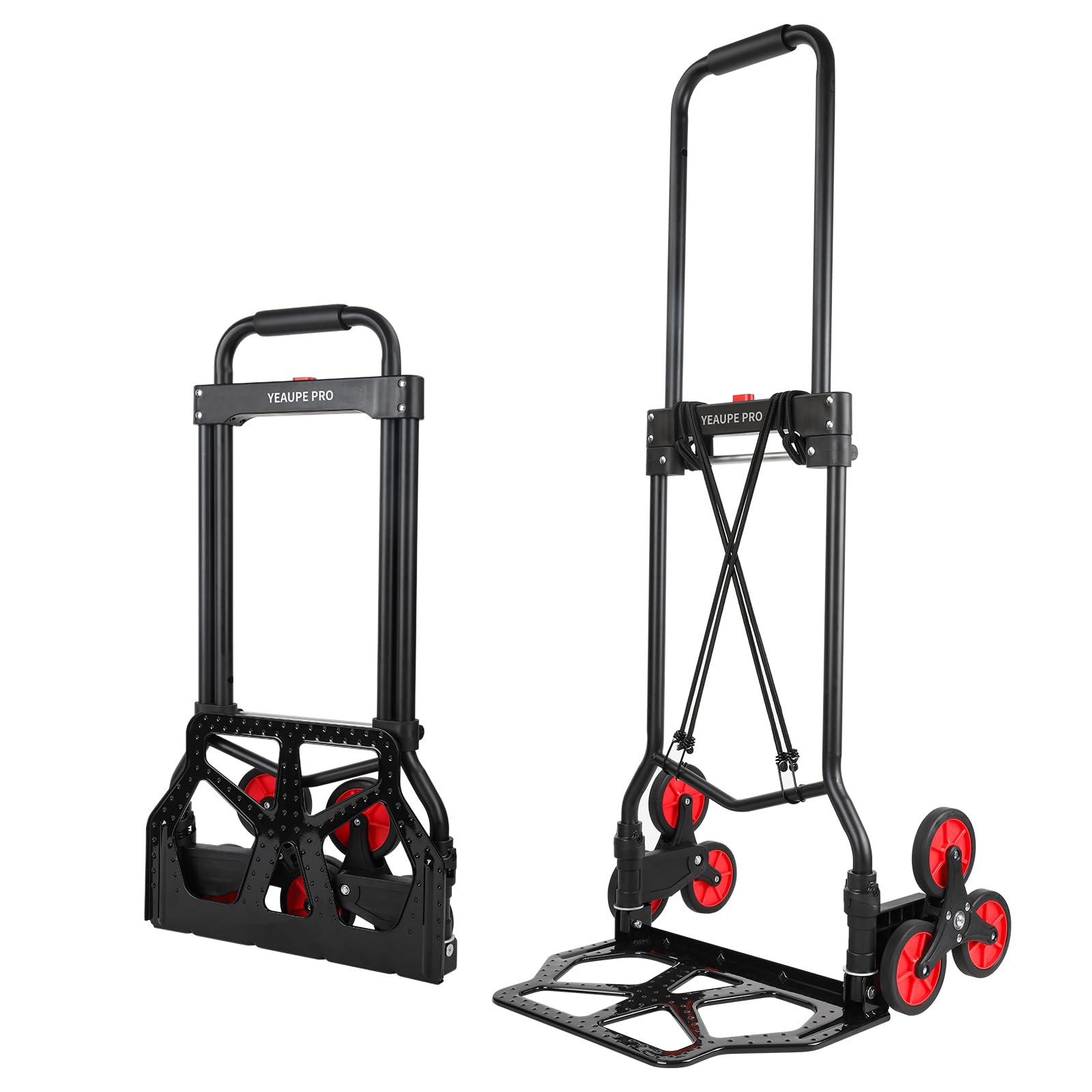 YEAUPE PRO Sack Truck, 45-50 kg Load Capacity, Folding Sack Truck, Height Adjustable & Stair Climber for Moving & Heavy Items, Stair Carts with 2 Expander Ropes & Sponge Handle - Black - Tricycle