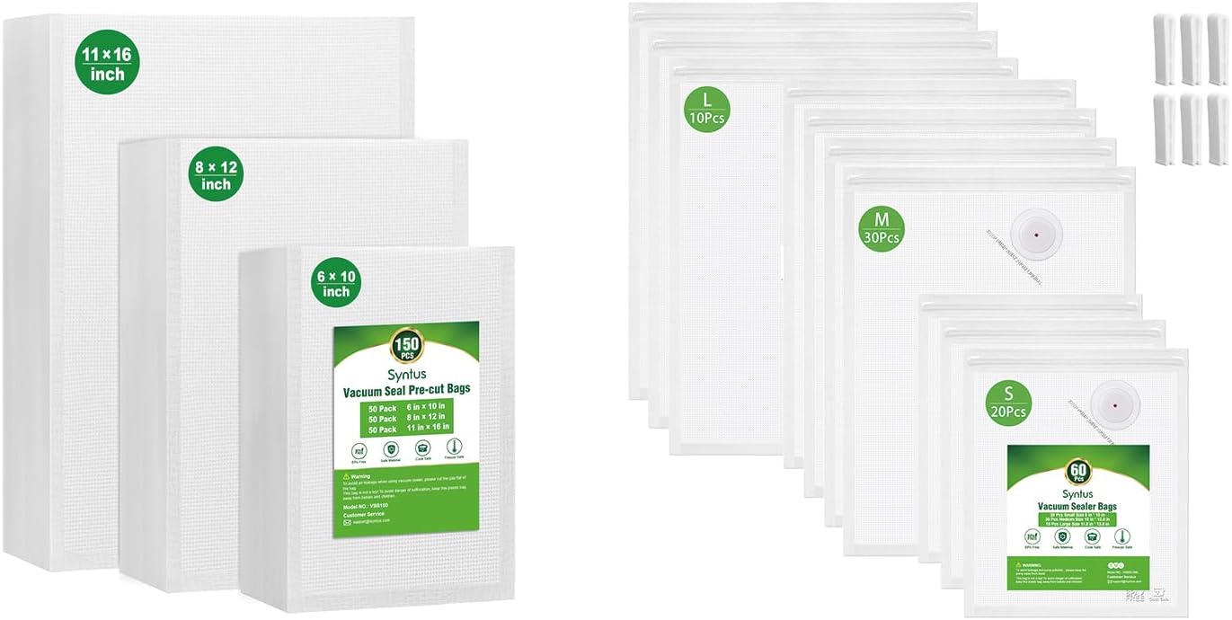 Syntus 150 Gallon 11" x 16" and Quart 8" x 12" and Pint 6" x 10" Vacuum Sealer Bags + 60 Pcs 8" x 10" and 10" x 13.8" and 11.8" x 13.8" Vacuum Zipper Bags with Air Valve, for Food Vacuum Storage, Meal