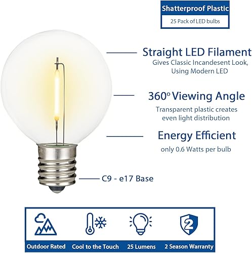 Miniatura 2 de Novelty Lights Paquete de 25 bombillas LED G50, E17 C9 con base de tornillo intermedia, inastillables, para exteriores, bombillas de globo