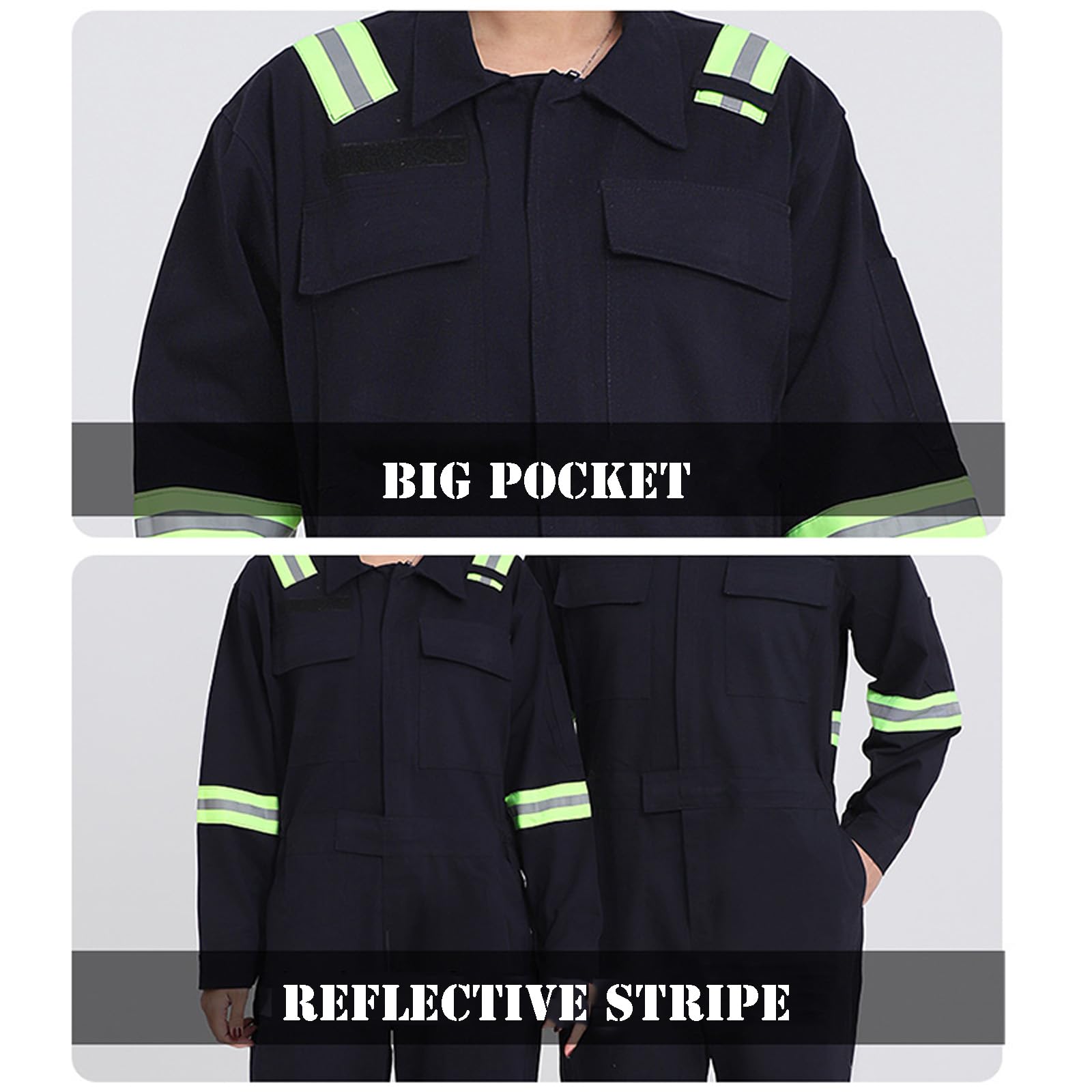 Mono De Trabajo De Manga Larga Algodón Zip-Front, Workwear Mono Con Raya Reflectante